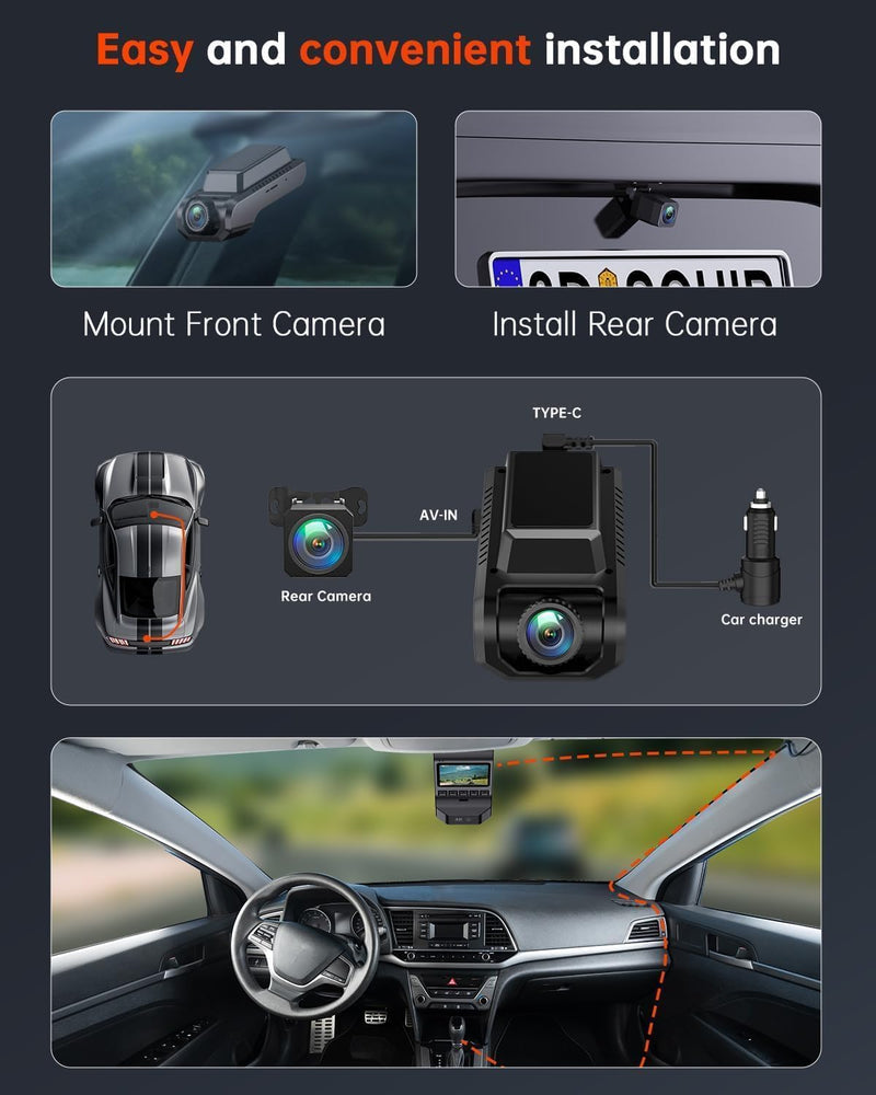 [AUSTRALIA] - Dash Cam Front and Rear, 4K Ultra HD+1080P Dash Camera for Cars, Built-in Wi-Fi GPS, Included 32GB Card, 2.0'' IPS Screen Mini Car Camera, App, Night Vision, 170°Wide Angle, 24H Parking Mode Black 