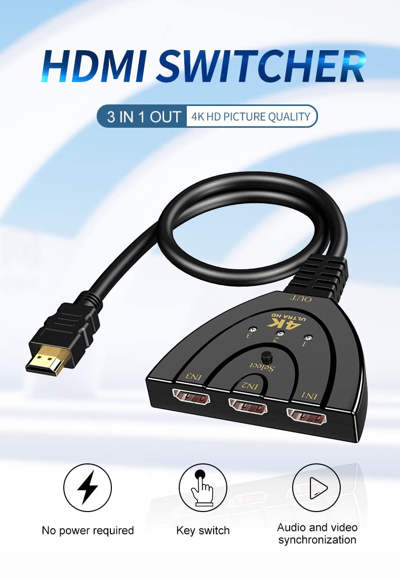 3 Port HDMI Switcher with Cable, 4K HDMI Splitter 3 in 1 Out, Supports Full HD 4K 1080P 3D Player, HDMI Hub for TV Stick,PS4,PC