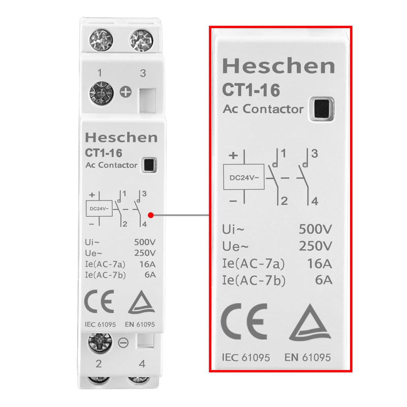 Heschen Household AC Contactor, CT1-16, Ie 16A, 2-Pole, Two Normal Open, DC 24 V Coil Voltage, 35 mm DIN Rail Mounting