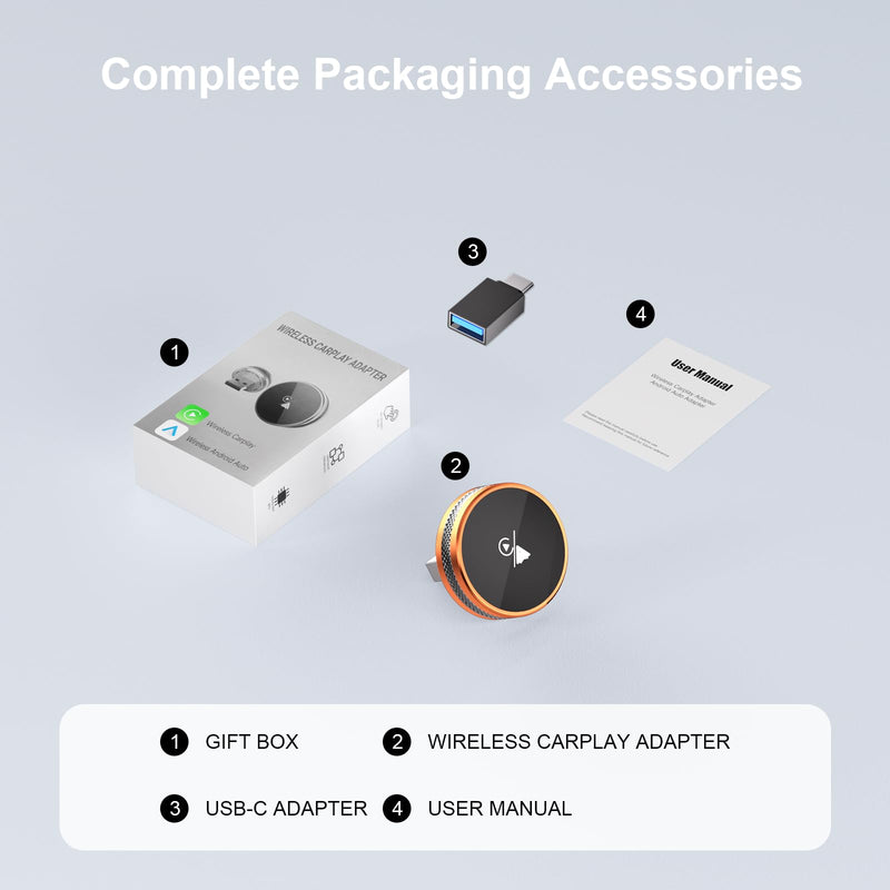 2-in-1 Wireless CarPlay Adapter for iPhone & Android Device, CarPlay Dongle Convert Wired to Wireless, Bluetooth & Wi-Fi, Plug & Play, Zero Latency, Compatible with USB/USB-C (Orange) Orange