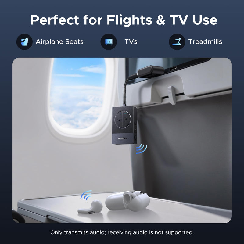UGREEN Airplane Bluetooth 5.4 Adapter for 2 Airpods or Headphones, Wireless Bluetooth Transmitter Compatible with All AirPods Like Airpods 4/Pro2/Max,Dual 3.5MM AUX Jack Adapter Included
