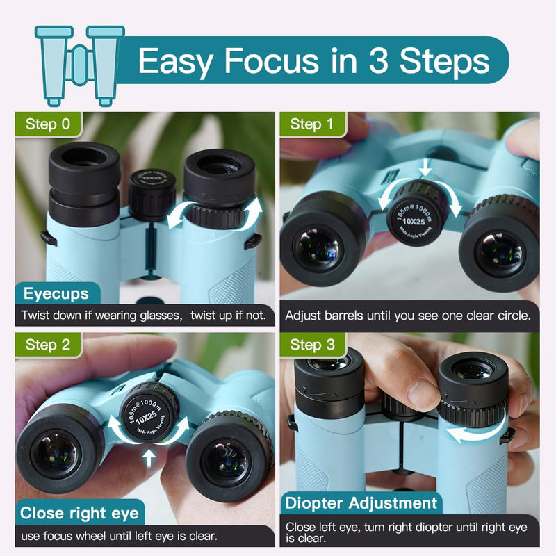 [AUSTRALIA] - 10x25 HD Binoculars for Kids & Adults – Lightweight Blue Mini Binoculars with 10X Magnification, FMC Lenses & Easy Focus, Portable Binoculars for Children and Adults, Travel, Bird Watching, Hiking 