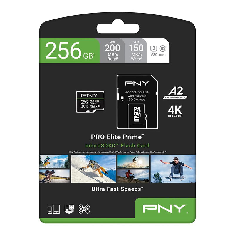 PNY 256GB PRO Elite Prime™ C10 U3 V30 A2 microSDXC Flash Memory Card – Ultra-Fast Speeds, Read 200MB/s, Write 150MB/s, 4K UHD, Full HD, UHS-I, for Smartphones, Drones, Action Cameras