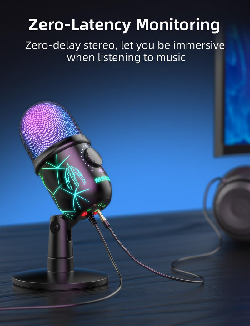 USB Microphone, Plug and Play Gaming Mic for PC, Mac, PS4/5, Podcast Microphone with RGB, Mute, Monitor, Noise Reduction, Volume Gain, Great for Recording, Streaming V5 Mic