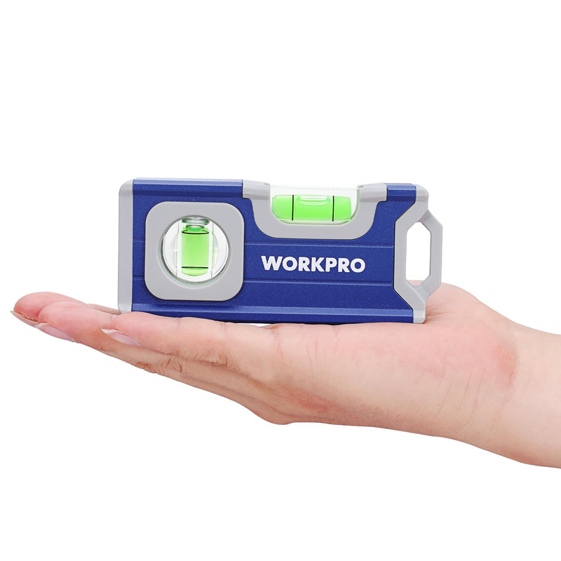 WORKPRO Magnetic Spirit Level 115 mm, Mini Spirit Level with 2 Vials 90°/180°, Magnetic Spirit Level with Hanging Hole, Aluminum Alloy Body, Strong Magnet, Grooved Design for Builders
