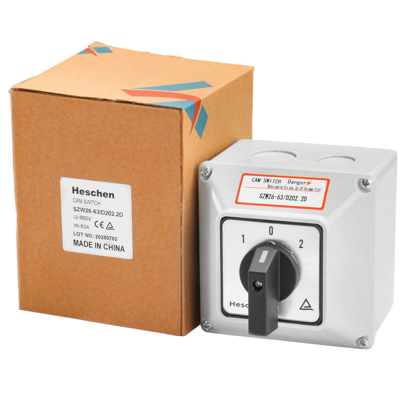 [AUSTRALIA] - Heschen Universal Rotary Cam Selector Changeover Switch, SZW26-63/D202.2D, 660V 63A, ON-Off-ON, 3 Position 2 Phase 8 Terminals, with Master Switch Exterior Box, Gray 