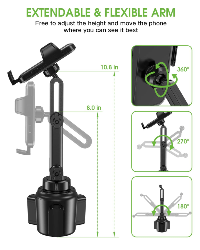 Cup Phone Holder for Car, No Shaking Car Phone Mount with Expandable Base | Adjustable Height 8"-10.8", 360° Rotation, Fits 2.6"-4.0" Cup Holders for iPhone 17 Pro Max to iPhone 11, Samsung, Google