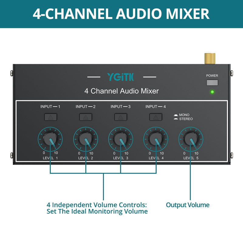 Mini Audio Mixer, 4 Channel Stereo Line Mixer 1/4" & 1/8" TSR Audio Output Input Jack, Line Mixer Stereo/Mono Independent Control and Switch for Guitars,Bass,Keyboards, Dynamic Microphone