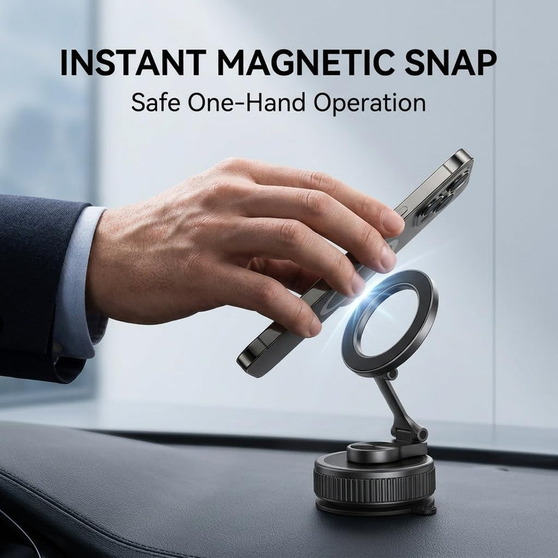 Suction Phone Mount for Car, Twist-Lock, Fold-Flat for MagSafe | Up to 98 lb suction, 2400gf N52 magnetic hold, zinc alloy body, 360° adjustable, folds to 0.75 in, magnetic ring included