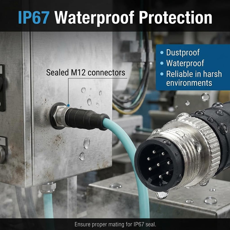 M12 to M12 Cat7 Ethernet Cable, 10Gbps Gigabit, IP67 Rated Waterproof Dustproof, Flexible PUR Jacket for Industrial Automation, Robotics (8 Pin A-Code Male to Male, 10 Meter) 8 Pin A-Code Male to Male
