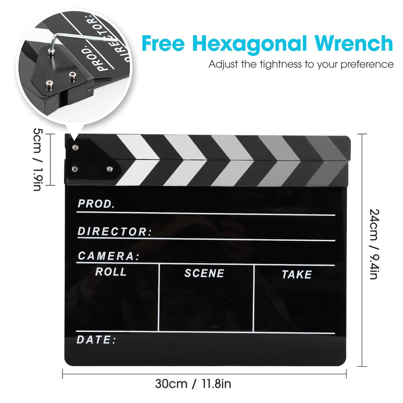 Film Directors Clapboard, Move Slate Photography Video TV Cut Action Scene Acrylic Clapper Board Props with a Magnetic Blackboard Eraser, Two Custom Pens, Cleaning Cloth and Hex Wrench (Black) Black