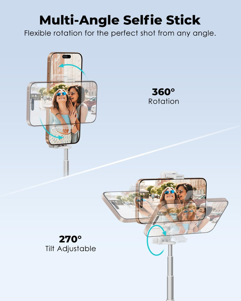 Viozon Foldable Phone Selfie Stick,360° Rotatable Phone Holder with Aluminum Alloy Telescopic Tube,Wireless Connection & One-Click Shooting for Vlog/Live Streaming/Video Recording/Outdoor Photography White