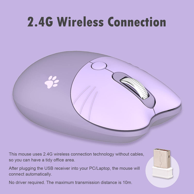 Cute Cat Wireless Mouse, Silent Mouse, 2.4G Wireless Mice, Candy Colors, Kawaii Mouse for Girls and Kids (Purple) Purple