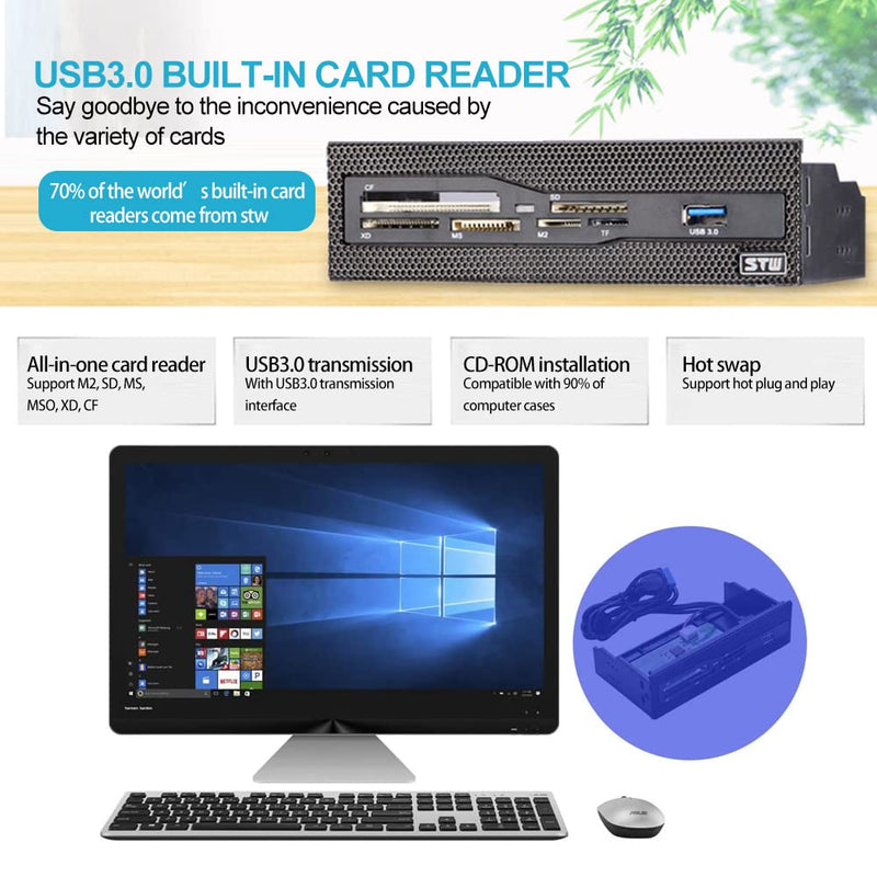 Zopsc Computer Front Panel USB 2.0 PC Internal Card Reader PC Dashboard Fits 5.25 inch Drive Bay, Support M2, MS, XD, CF, TF Card