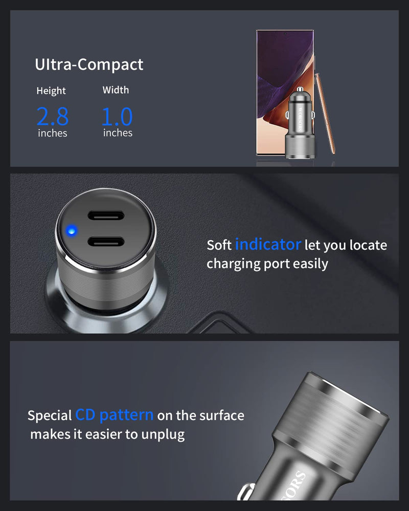 Dual USB C Car Charger, 60W PD (30W + 30W) Super Fast Charging Adapter Metal for iPhone 15 Pro Max, Samsung Galaxy S24 Ultra/S24 Plus/S24/S23/S22/S21, Note 20/10, iPad Pro + 2X Type C to C Cable 3.3Ft Gray