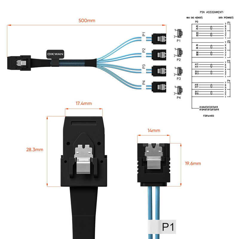 [AUSTRALIA] - Mini SAS to 4 SATA Cable, 36 Pin SFF 8087 Host/Controller to 7 Pin SATA Target/Backplane, Compatible with PERC H310, RAID Controller (SFF-8087 to 4SATA Forward Breakout) 1.6 Feet 1.6ft 