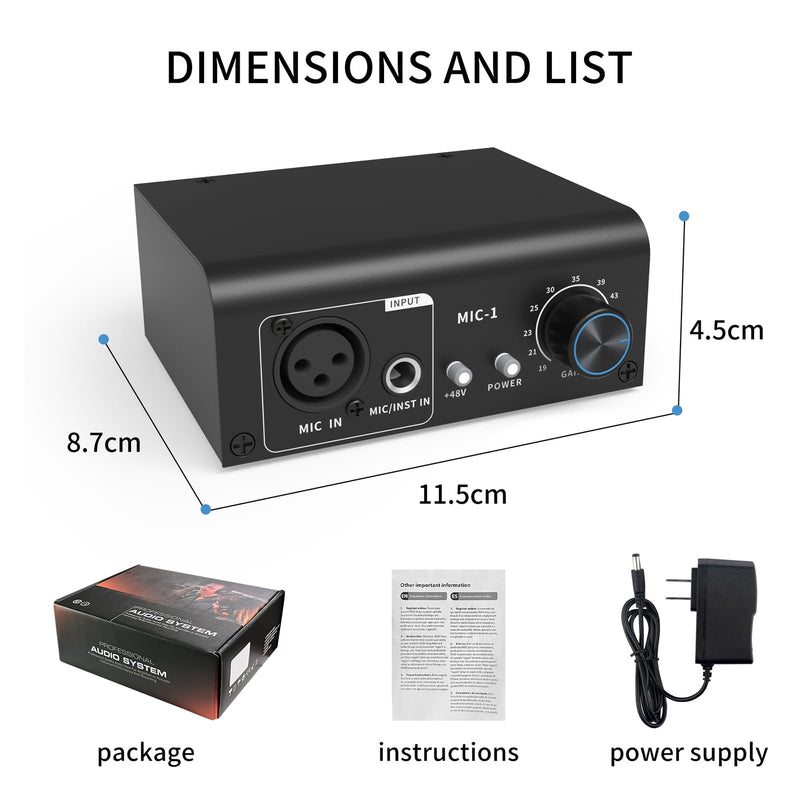 XTUGA XIC1 Microphone Preamp for Dynamic and Condenser Microphones Booster with 2 Input Max 75db Gain 48V Phantom Power XLR Output