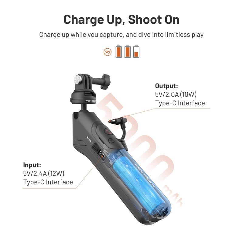 [AUSTRALIA] - PGYTECH CapLock MantisPod Power, Battery Handle Mount for Gopro, 5000mAh Power Stick for Gopro 12/11/10, Charging Selfie Vlog Attachment Tripod Monopod with CapLock Action Camera and 1/4" Adapter 