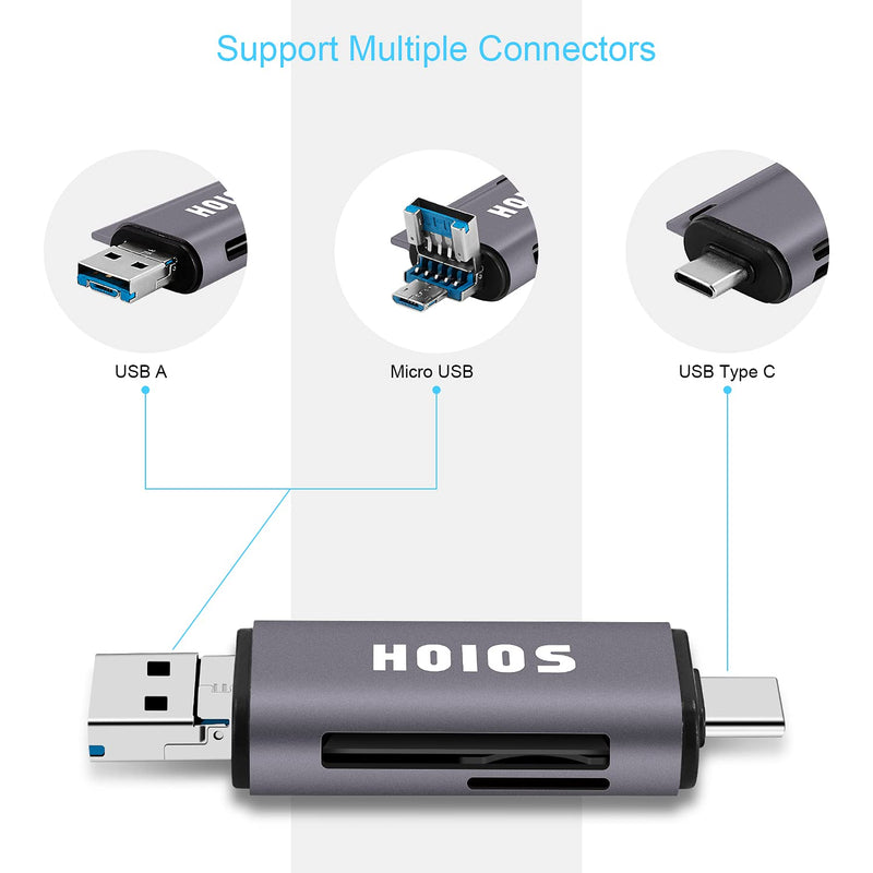 SD Card Reader USB-C,3-in-1 Memory Card Reader with Tri-Connectors, USB 3.0 Card Reader Adapter for SDXC,Micro SDXC,Compatible with Windows,Mac OS ,Linux, Android,Silver Gray