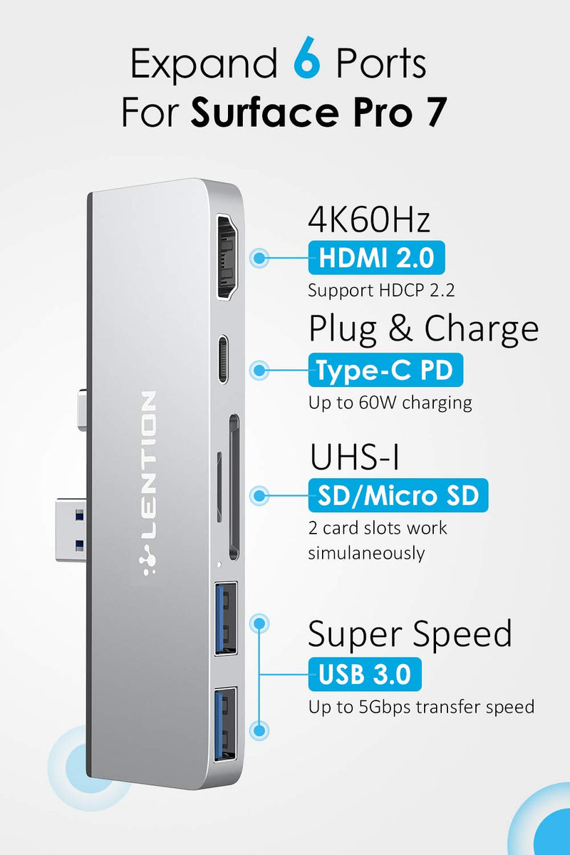 LENTION 6-in-1 USB C Hub for Surface Pro 7 Only, with 4K/60Hz HDMI, SD & Micro SD Dual Card Reader, 2 USB 3.0 and 60W Type C Charging Port, Stable Driver Adapter (CB-CS34, Silver)