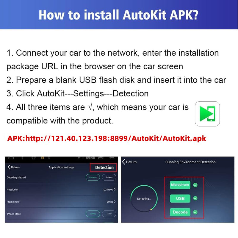 Carlinkit Wireless CarPlay USB Adapter CPC200-CCPA for Android Car Radios | for Android Version 4.4.2 or Above. APK must be installed. Supports screen mirroring. To Wireless CarPlay Android Auto
