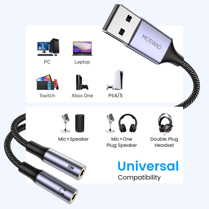 MOSWAG USB Audio Adapter External Sound Card Stereo Cable with Dual TRS 3-Pole 3.5mm Headphone and Microphone Jacks USB to Dual 3.5mm Audio Jack Adapter Cable for Windows Mac PC Laptops 10 Inch/25 cm Black
