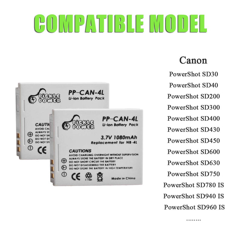 Pickle Power NB-4L Battery and LED Display Charger for Canon PowerShot ELPH 100 HS 300 HS 330 HS 310 HS SD1000 SD1100 is SD1400 is SD200 SD30 SD300 SD40 SD400 SD600 SD750 2 battery +LED display charger