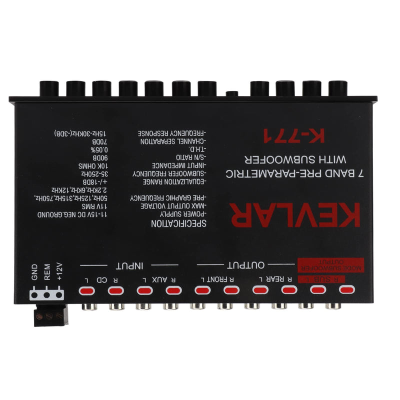 7 Band Car Audio Graphic Equalizer with Low Pass Filter, High Level Inputs, Front Rear Sub Outputs Universal Pre Amp EQ for Car Stereo Systems