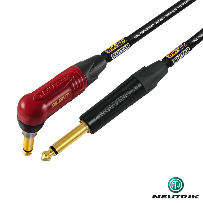 6 Foot - WBC-PRO-Guitar – 20 AWG - Low-Cap (18pF/ft) – Pro-Grade – Graphite-Based - Dual-Shielded Guitar Bass Instrument Cable w/Neutrik Straight - Angled (SilentPLUG) ¼ Inch (6.35mm) Gold TS Plugs