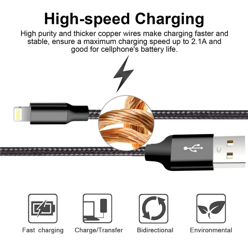 [AUSTRALIA] - cugunu iPhone Charger, 5 Pack 3/3/6/6/10FT Apple MFi Certified USB Lightning Cable Nylon Braided Fast Charging Cord Compatible for iPhone 14/13/12/11/X/Max/8/7/6/5/SE/Plus/iPad - Black USB-A to L 