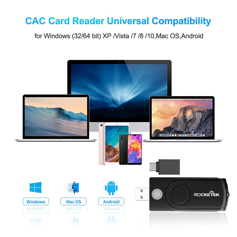 USB Smart Card Reader, Rocketek DOD Military USB CAC Memory Card Reader Compatible with Windows, Linux/Unix, MacOS X - Build in SDHC/SDXC/SD Card Reader and Micro SD Card Reader RT-SCR10