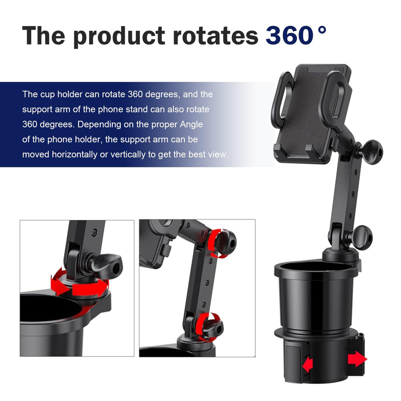 Car Cup Holder and Phone Mount, 2-in-1 Adjustable Multifunctional Insert Mount, Anti-slip Shockproof Extender Base, Interior Accessory for Round Car Cup Holder (Black)