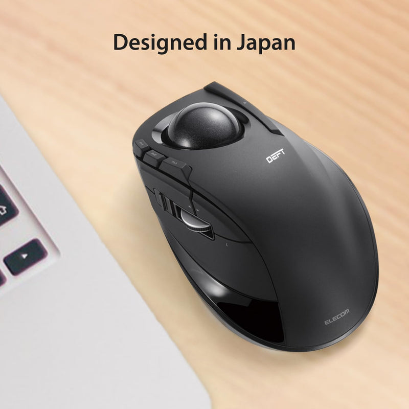 ELECOM DEFT Trackball Mouse, 2.4GHz Wireless, Finger Control, 8-Button Function with Smooth Tracking, Ergonomic Design, Optical Gaming Sensor, Windows11, macOS (M-DT2DRBK) Black / Black ball