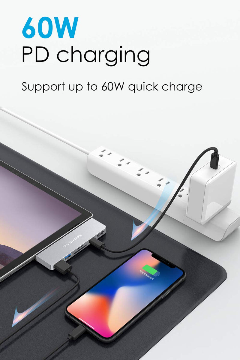 LENTION 6-in-1 USB C Hub for Surface Pro 7 Only, with 4K/60Hz HDMI, SD & Micro SD Dual Card Reader, 2 USB 3.0 and 60W Type C Charging Port, Stable Driver Adapter (CB-CS34, Silver)