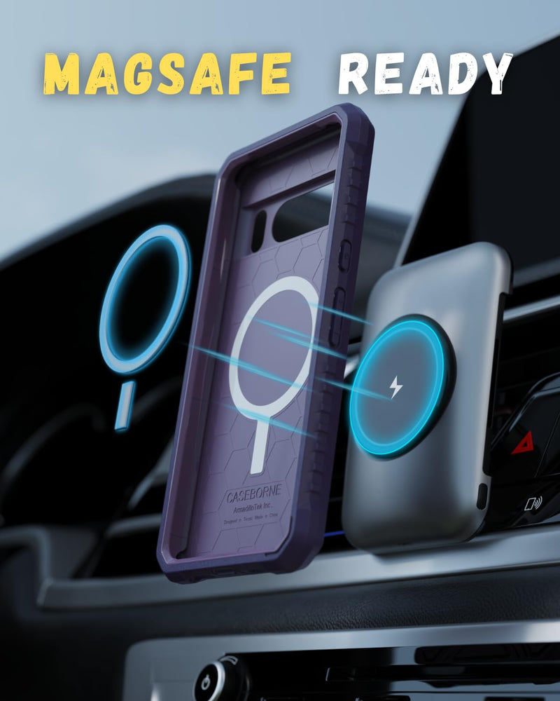 CaseBorne Compatible with Google Pixel 8 Pro Protective Case - Compatible with MagSafe, Slim Yet Rugged with Tempered Glass Screen Protector and Belt Clip Holster Purple
