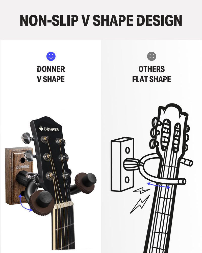 Donner Guitar Wall Mount Hanger 6-Pack, Black Walnut Guitar Wall Holder for Acoustic Electric Guitars, Bass, Folk Ukulele, Violin, Mandolin Banjo and String Instruments 6-pk