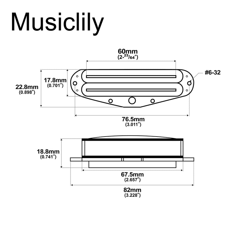 Musiclily Pro ST-DPMC Ceramic Rail Blade Single Coil Sized Humbucker Pickup 9.2K for Strat Style Electric Guitar, Black Body Black Rail