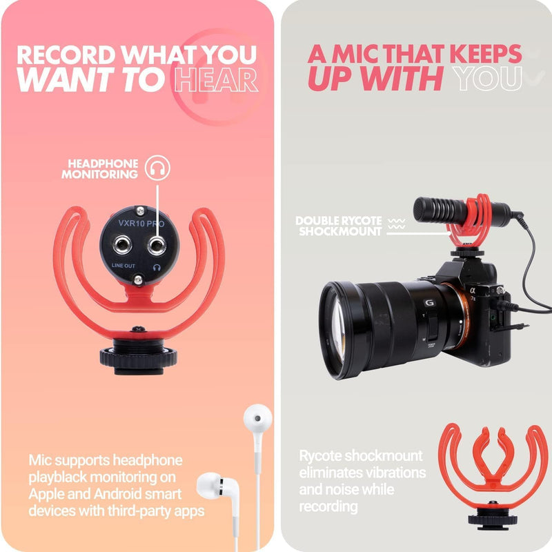 Movo VXR10-PRO External Video Microphone for Camera with Rycote Lyre Shock Mount - Battery-Free ,Compact Shotgun Mic Compatible with DSLR Cameras and iPhone, Android Smartphones