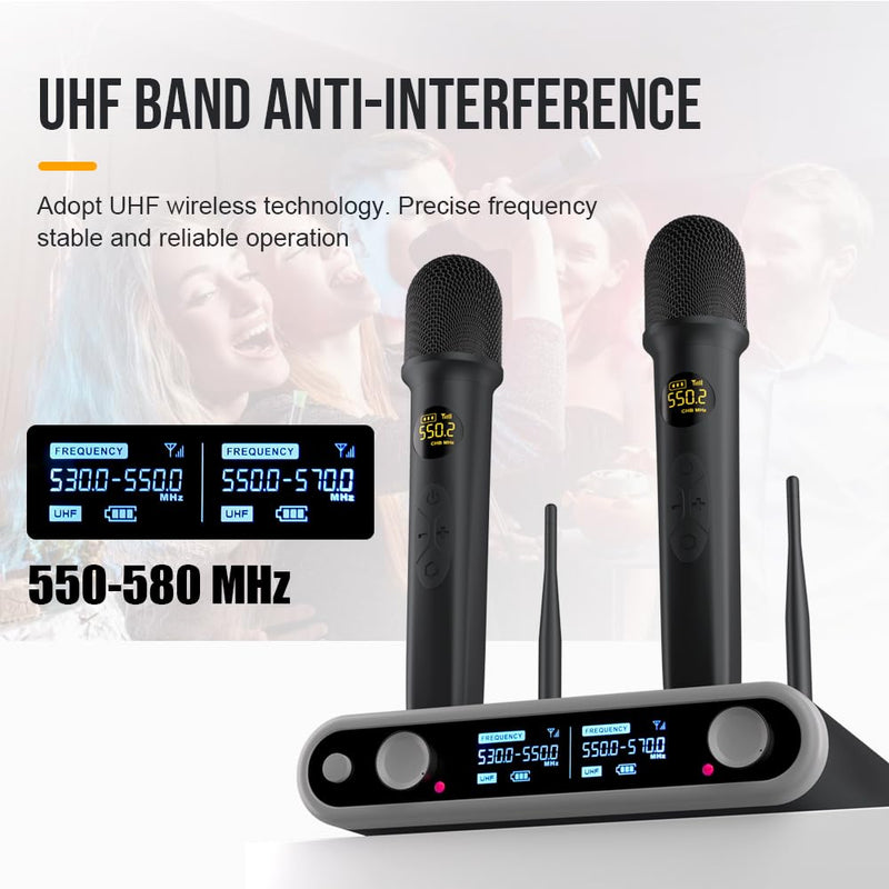 [AUSTRALIA] - NG-88 2-Channel Wireless Microphone System, VHF Fixed Dual Band Wireless Kit with 2 Handheld Dynamic Transmitter Microphones and Receiver Base, for Sing, Wedding, DJ, Party, Black 