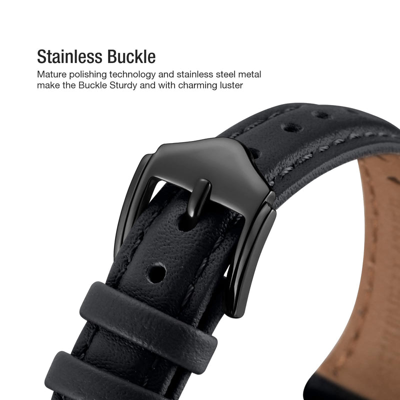 Slim Apple Watch Leather Band and Stainless Steel Metal Band for iWatch 38mm, 40mm, and 41mm，Black Black+Metal Black