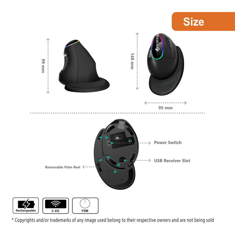 J-Tech Digital Ergonomic Mouse with Wireless Connection, Removable Palm Rest, Thumb Buttons, Rechargeable Battery, 800, 1200, 1800, 3200 Adjustable DPI; Compatible with Windows and MAC OS [V638] Right Hand Black RGB LED