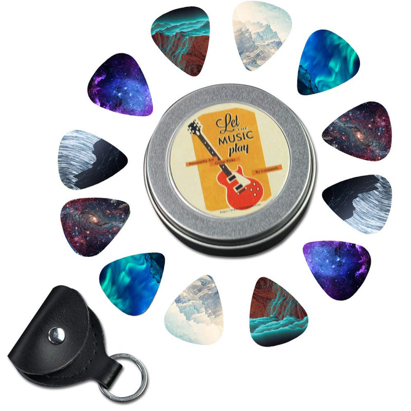 Guitar Picks - Cheliz 12 Medium Gauge Celluloid Guitar Picks In a Box W/Picks Holder. Unique Guitar Gift For Bass, Electric & Acoustic Guitars (Natural Image) 12 packs Natural Image