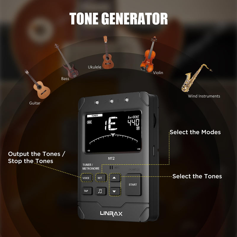 MT2 Rechargeable Metronome Tuner, 3 in 1 Digital Metronome Tuner Tone Generator for Guitar Bass Ukulele Violin Saxophone Trumpet Clarinet Flute, Voice Beat, Chromatic Tuner for All Instruments MT2