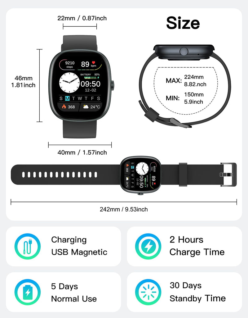 Fitness Trackers for Men Women with Bluetooth Call 24/7 Heart Rate & Blood Oxygen Monitor Sleep Tracker, Steps/Calories Counter Stopwatch/Timer/Alarm Clock, Pedometer for Walking Waterproof Black