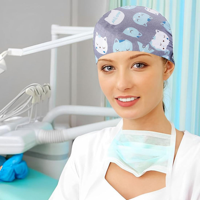 [AUSTRALIA] - BQRKOTM Unisex Scrub Hat, Cotton Scrub Cap with Adjustable Sweatband, Printed Medical Hat with Buttons, Dust Cap 