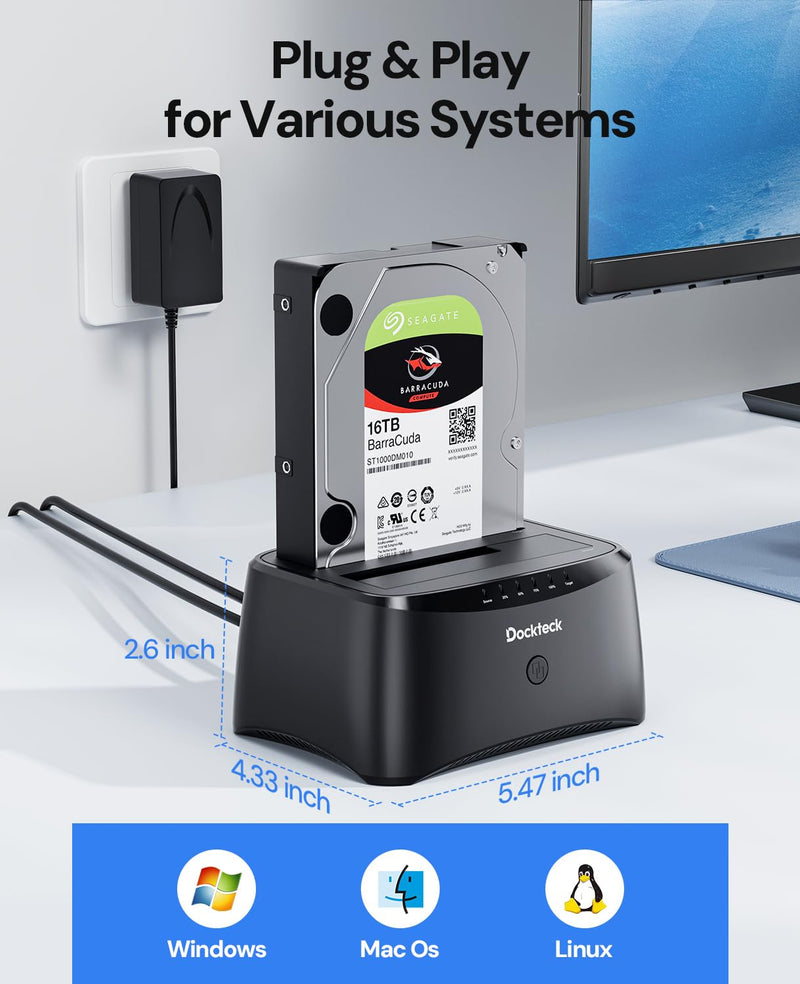 Hard Drive Docking Station, dockteck USB 3.0 to SATA Dual Bay External Hard Drive Enclosure for 3.5 or 2.5 inch SATA HDD SSD with Offline Clone 2 Bay Black