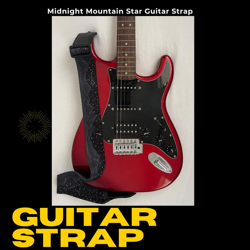 [AUSTRALIA] - Generic Midnight Mountain Star Guitar Strap, Polyester Webbing strap with Genuine Leather Ends., Black 