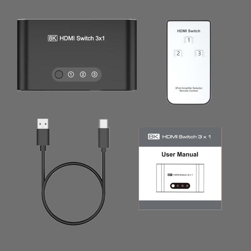 [AUSTRALIA] - HDMI 2.1 Switch 3 in 1 Out,8K HDMI Splitter Switcher,Supports 4K@120Hz,8K@60Hz, 48Gbps Ultra HD HDMI Box, Aluminum Shell, Compatible with PS4/PS5, Xbox, Fire Stick, Apple TV, Roku, HD TV. 8KBlack 