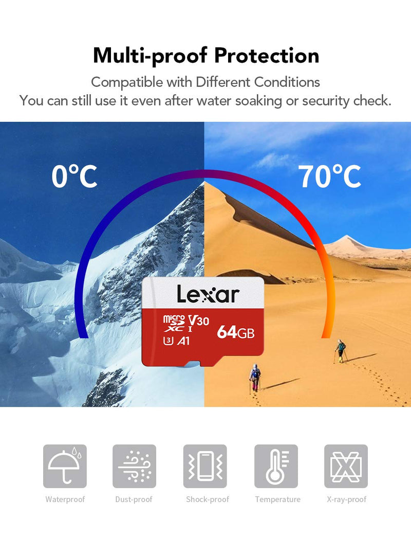 Lexar 64GB Micro SD Card 2 Pack, microSDXC UHS-I Flash Memory Card with Adapter - Up to 100MB/s, U3, Class10, V30, A1, High Speed TF Card (2 microSD Cards + 1 Adapter) 64GB x 2
