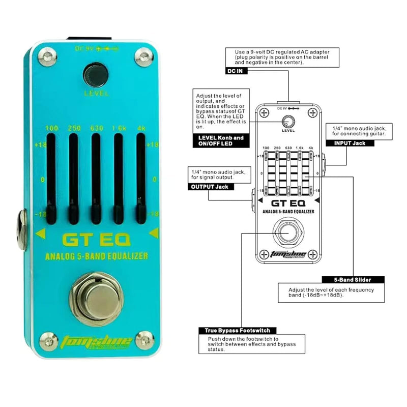 5 Band EQ Mini Guitar Pedal, Analog EQ Pedal, 5 Band GT Electric Guitar Equalizer (100Hz 250Hz 630Hz 1.6kHz 4kHz) Provides ±18dB for Each Band EQ Seeker for Guitar True Bypass Blue
